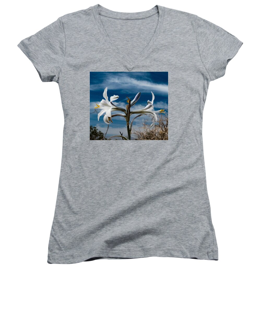 Macro Women's V-Neck featuring the photograph Desert Lilly Close up by Jeremy McKay