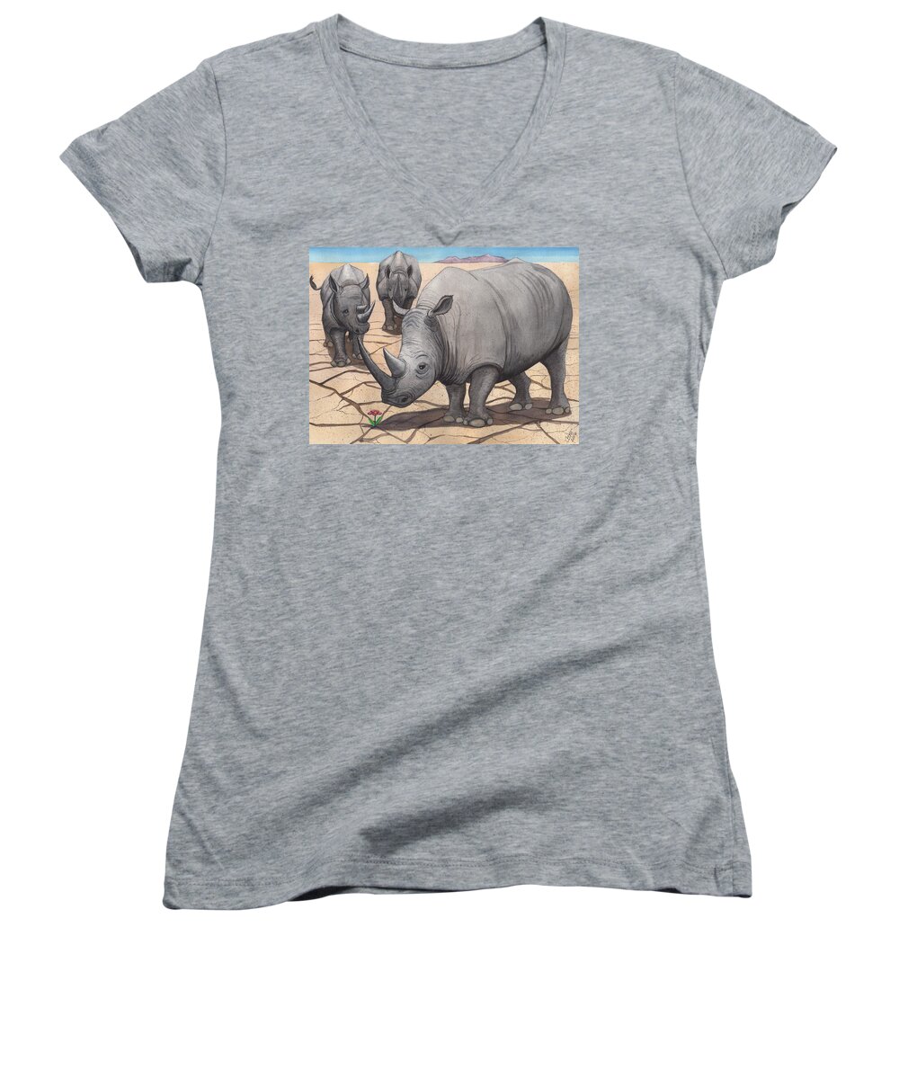 Rhino Women's V-Neck featuring the painting Dilemma by Catherine G McElroy