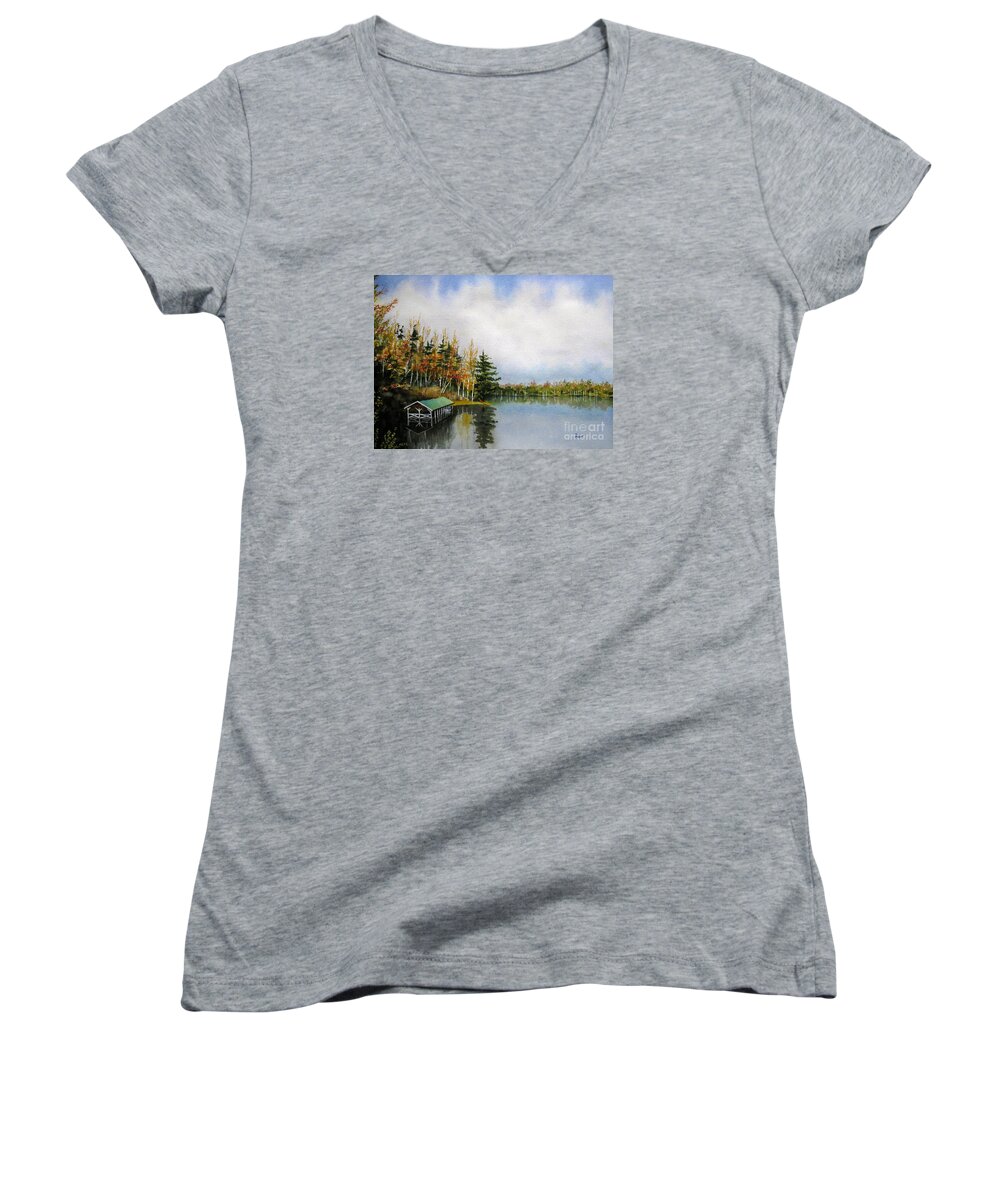 Sand Lake Women's V-Neck featuring the painting Dillman's Boathouse by Shirley Braithwaite Hunt