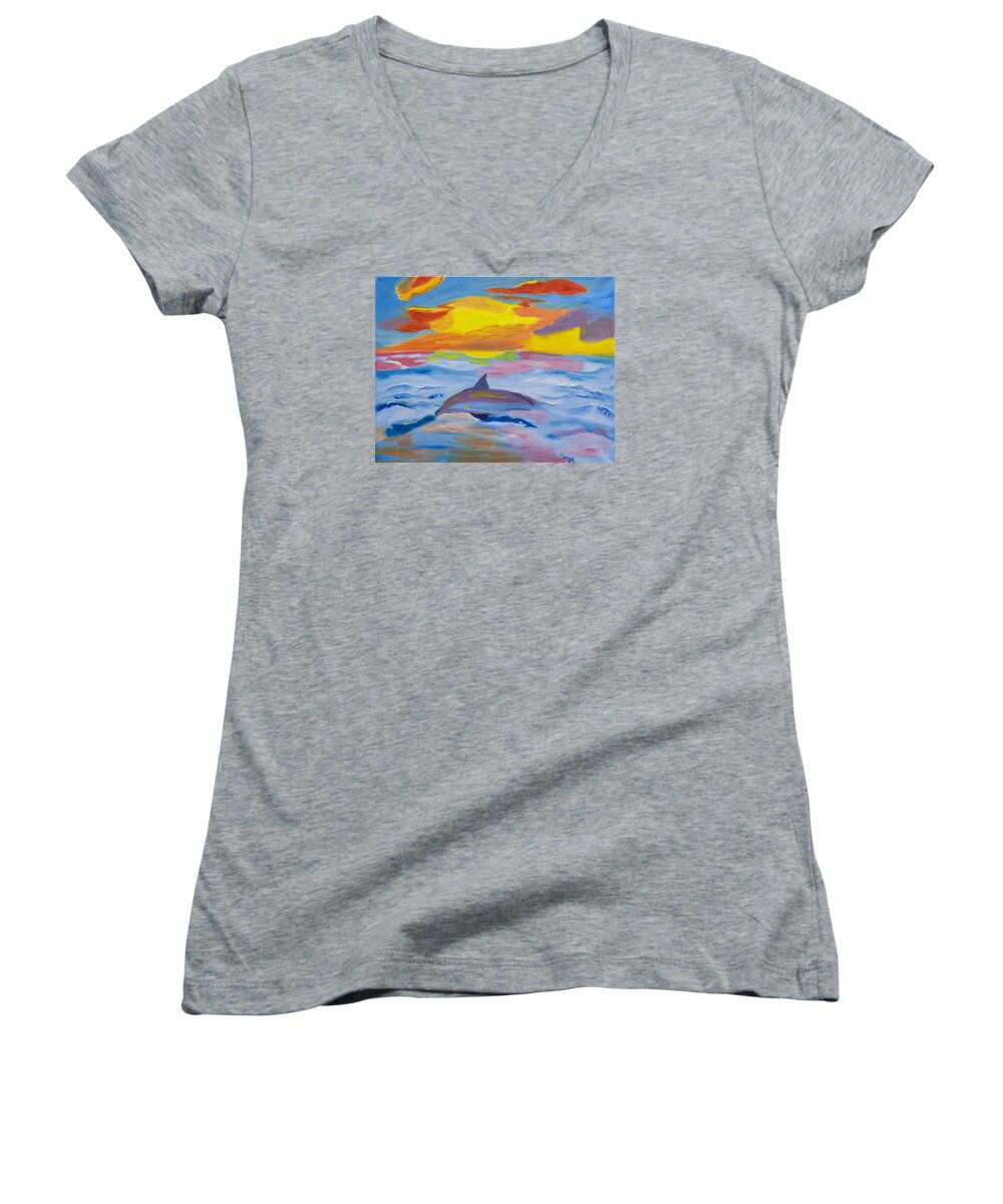 Dolphin Women's V-Neck featuring the painting Diving Under The Sun by Meryl Goudey