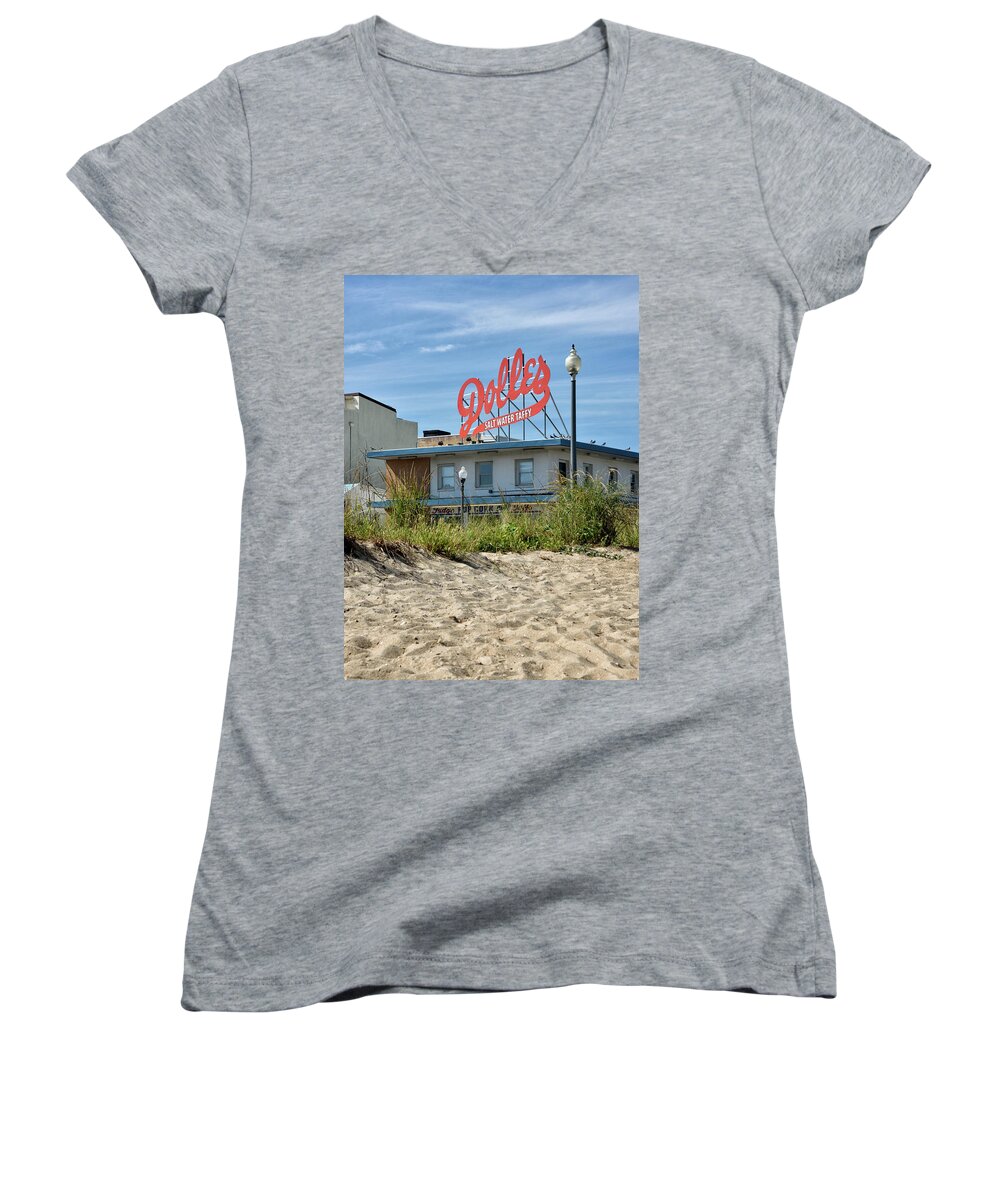 Dolles Women's V-Neck featuring the photograph Dolles from the Beach - Rehoboth Beach Delaware by Brendan Reals