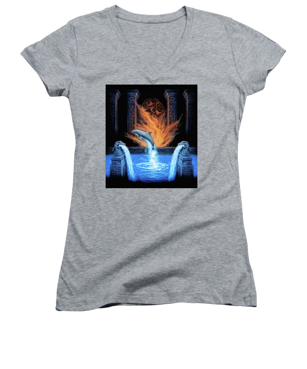 Dolphin Fantasy Scifi Women's V-Neck featuring the mixed media Dolphin Temple by Murry Whiteman