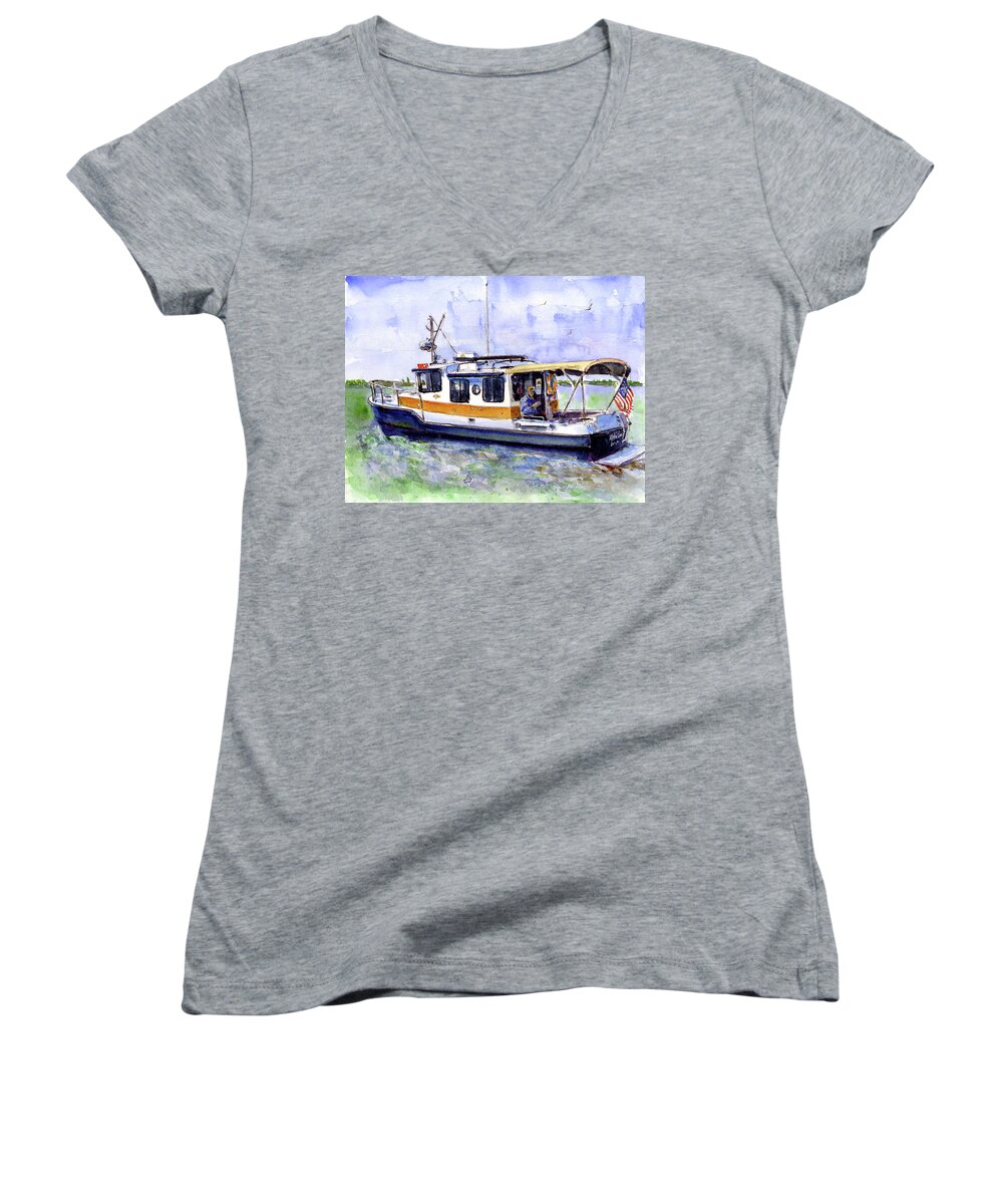 Bay Women's V-Neck featuring the painting Don and Kathys Boat by John D Benson