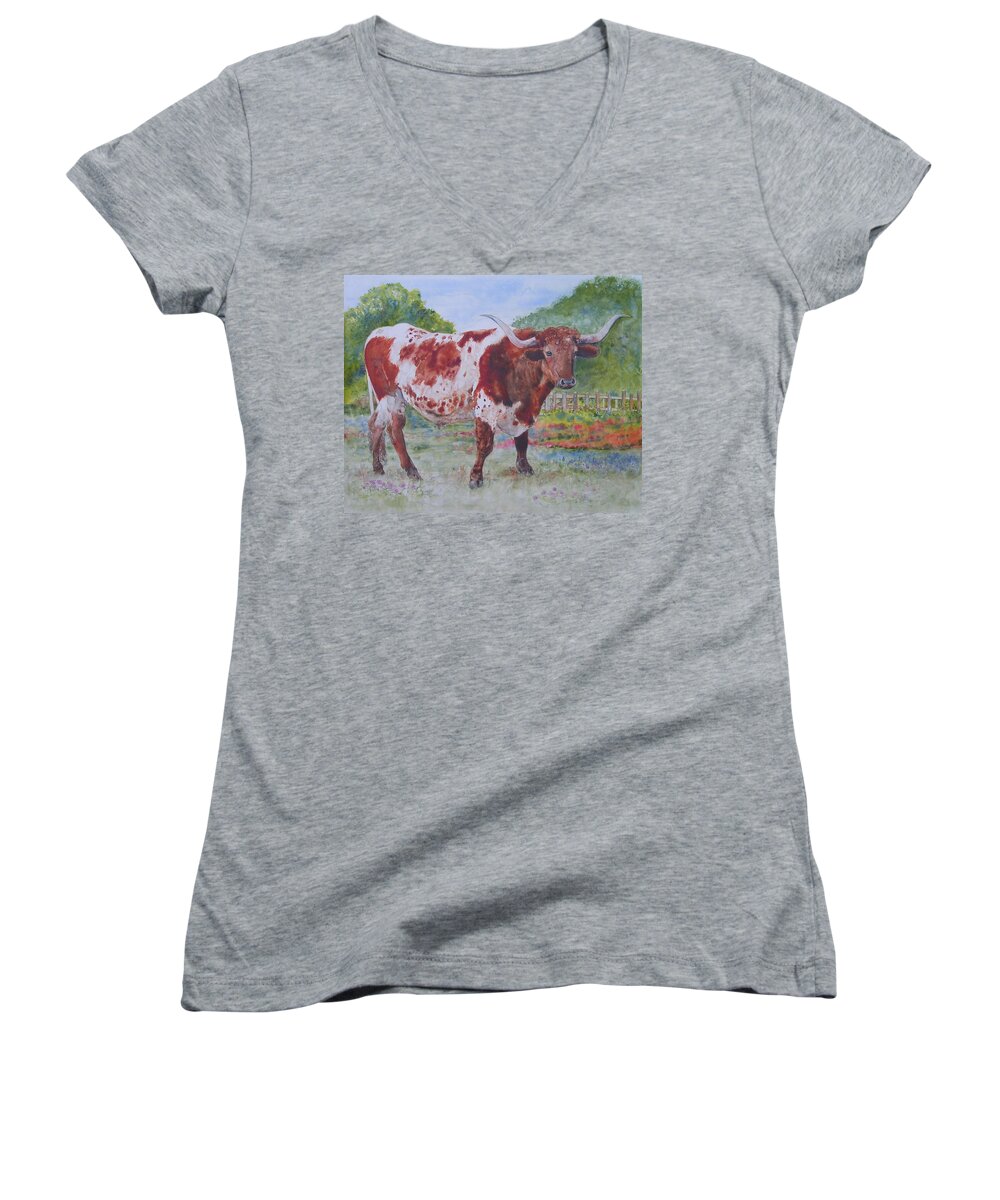 Longhorn Women's V-Neck featuring the painting Don't Eat the Bluebonnets by Annika Farmer