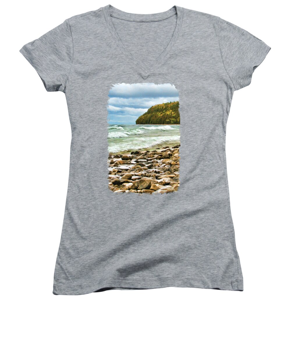 Door County Women's V-Neck featuring the painting Door County Porcupine Bay Waves by Christopher Arndt