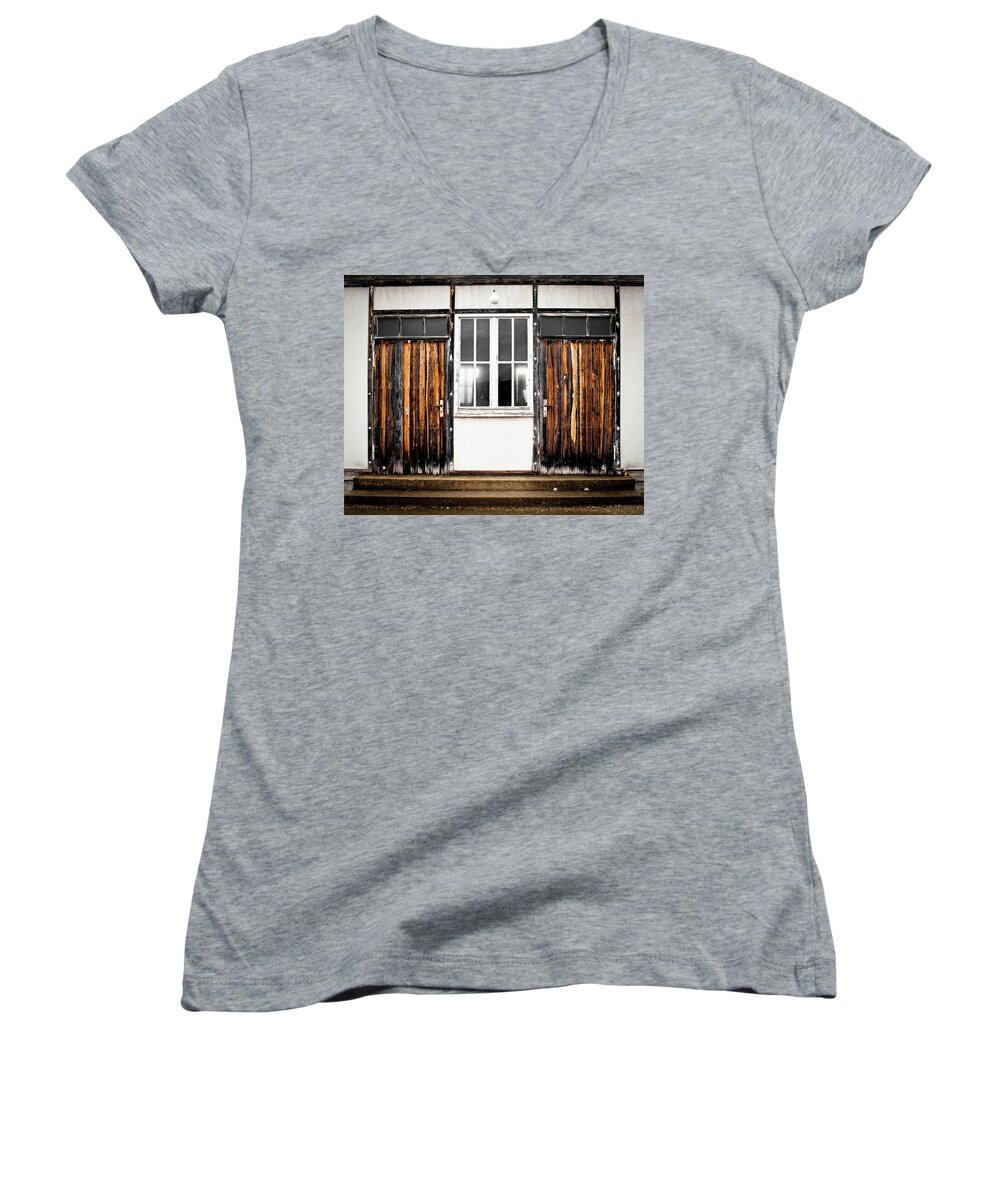 Architecture Women's V-Neck featuring the photograph Doors of Dachau by Steven Myers