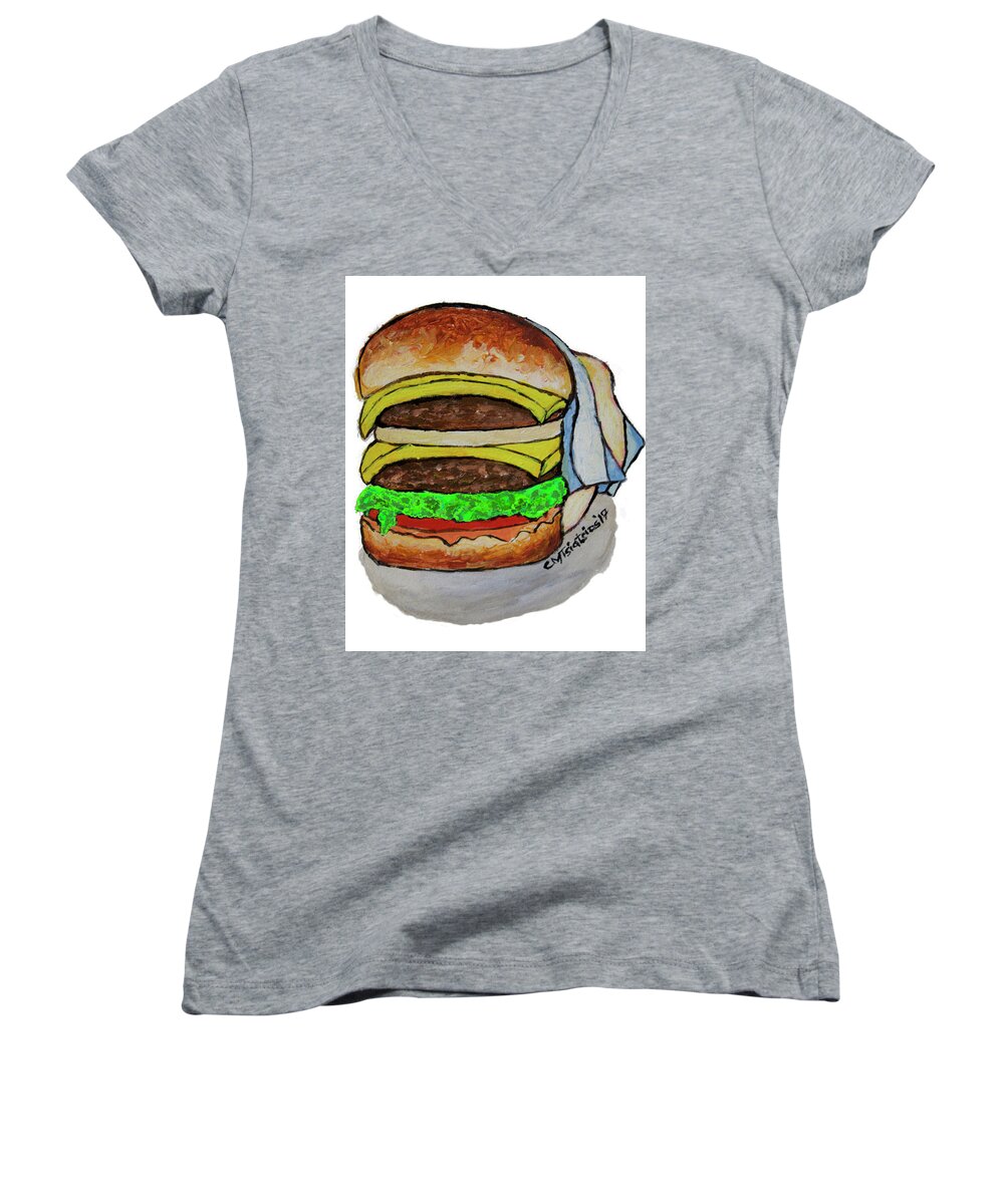 Double Cheeseburger Women's V-Neck featuring the painting Double Cheeseburger by Carol Tsiatsios