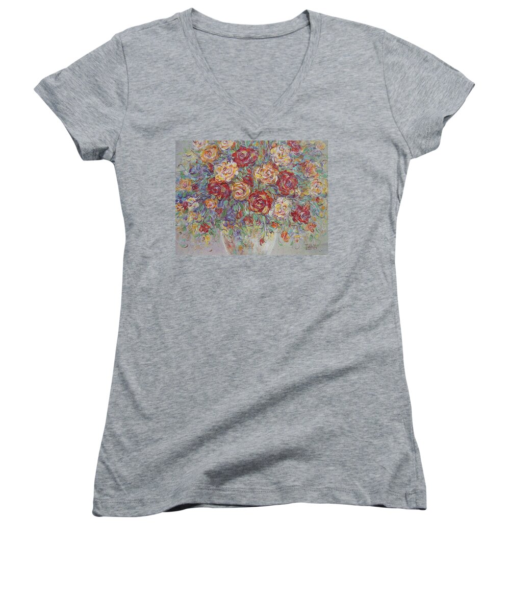 Flowers Women's V-Neck featuring the painting Double Delight. by Natalie Holland