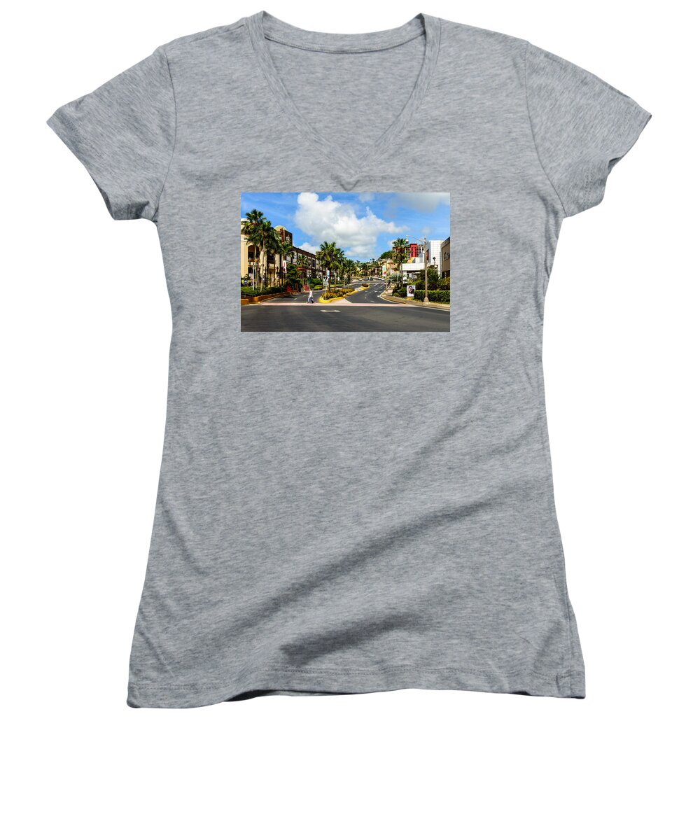 Architecture Women's V-Neck featuring the photograph Downtown Tamuning Guam by Michael Scott
