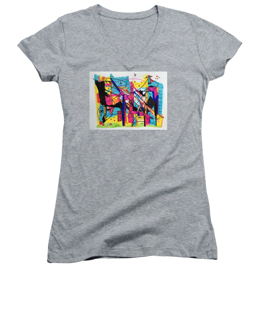 Hagood Women's V-Neck featuring the painting Downtown --Where All The Lights Are Bright by Lew Hagood