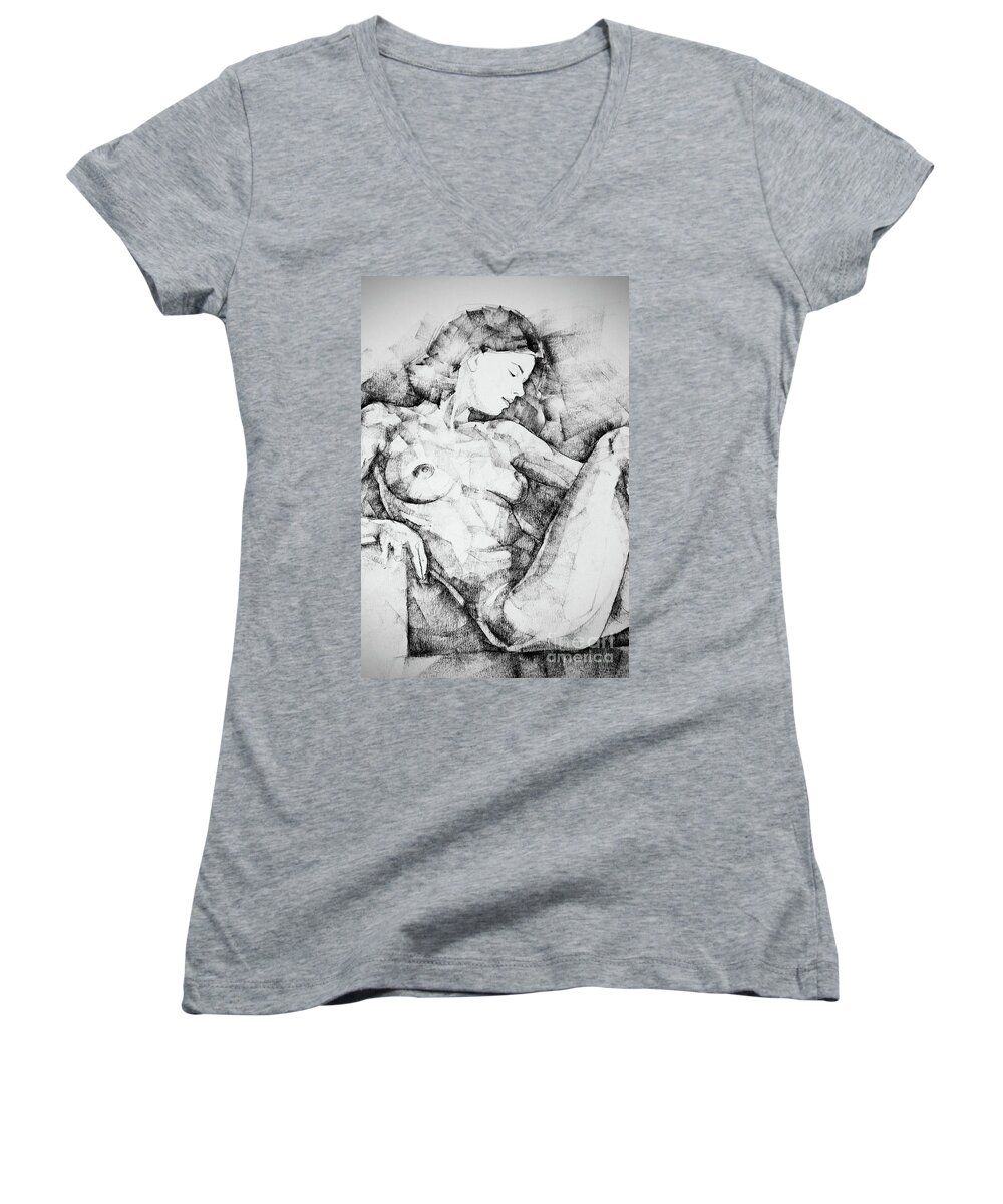 Drawing Women's V-Neck featuring the drawing Drawing Beautiful Girl Figure by Dimitar Hristov
