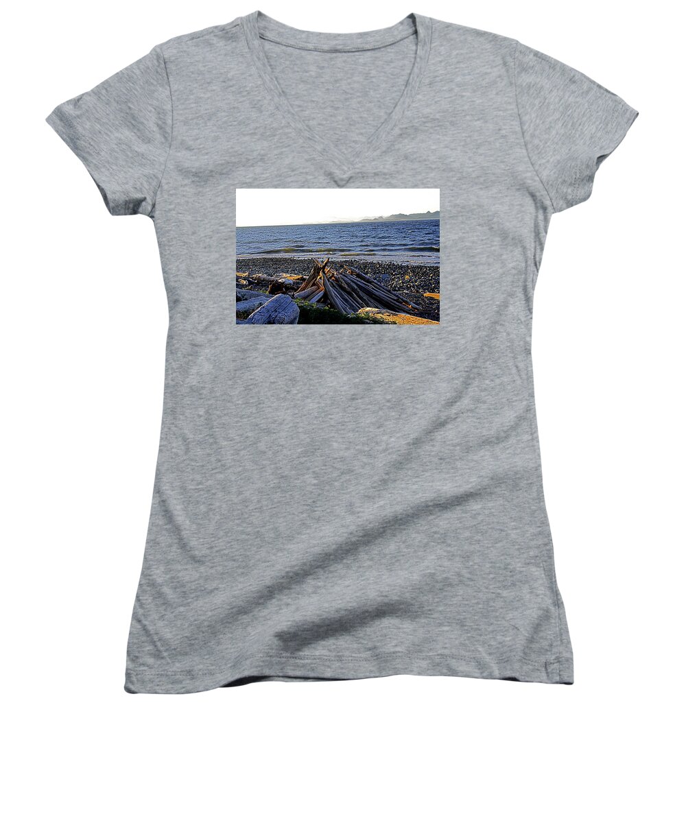 Kitty Coleman Provincial Park British Columbia Women's V-Neck featuring the digital art Driftwood - Kitty Coleman Provincial Park - BC by Joseph Coulombe
