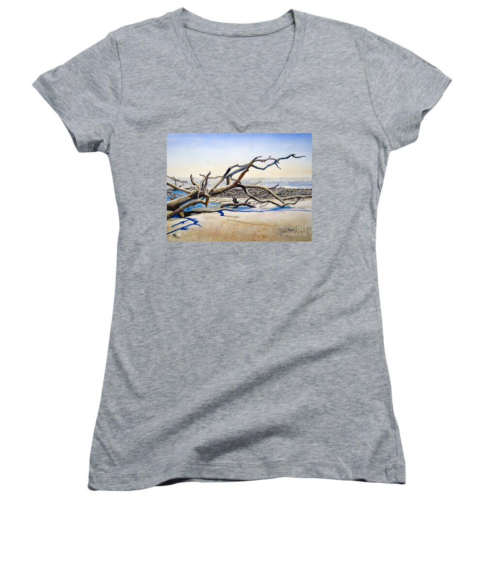 Driftwood Women's V-Neck featuring the painting Driftwood by Shirley Braithwaite Hunt
