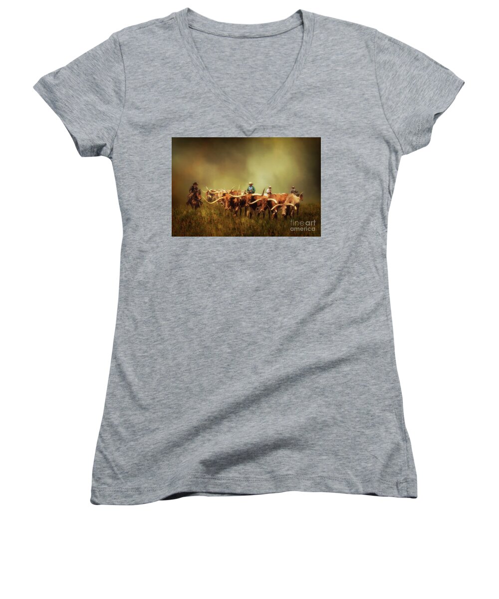 Driving The Herd Women's V-Neck featuring the photograph Driving the Herd by Priscilla Burgers