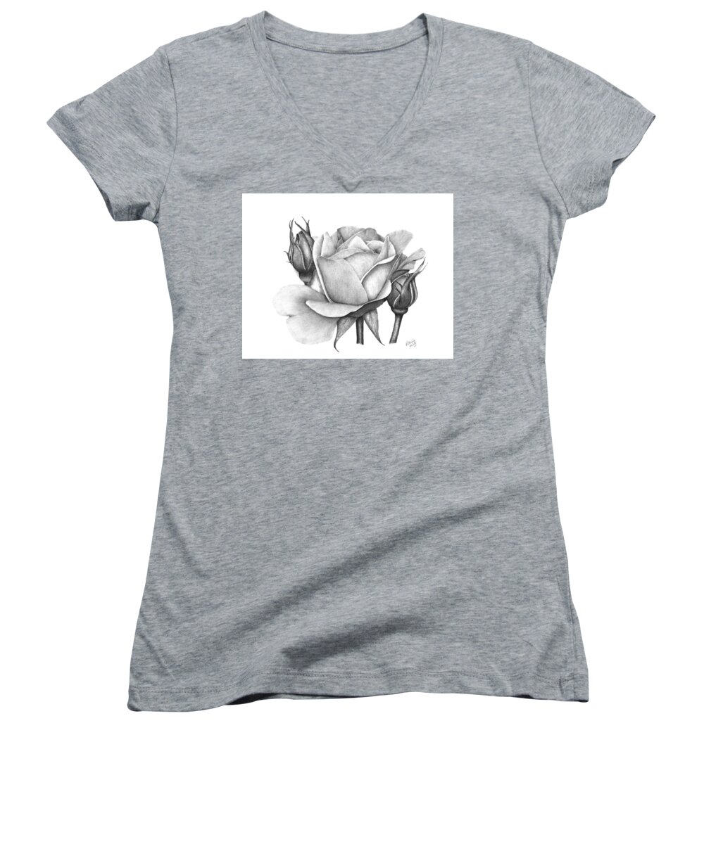 Rose Women's V-Neck featuring the drawing Drum Rose by Patricia Hiltz