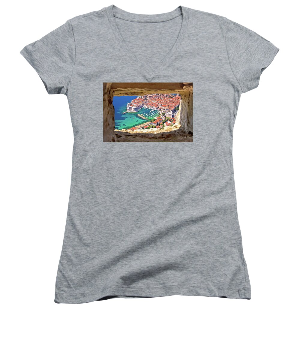 Dubrovnik Women's V-Neck featuring the photograph Dubrovnik historic city and harbor aerial view through stone win by Brch Photography