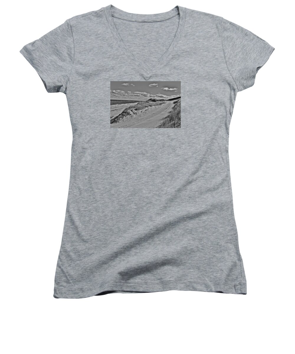 Dune Women's V-Neck featuring the photograph Dune Tracks in Black and White by Marisa Geraghty Photography