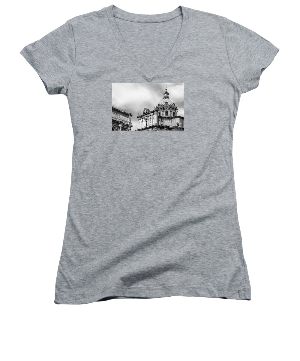 Italy Women's V-Neck featuring the photograph Duomo of Santi Luca e Martina and Arch of Septimius Severus by Prints of Italy