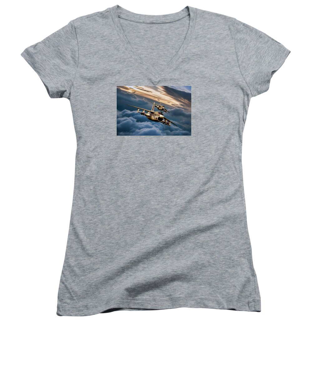 Aviation Women's V-Neck featuring the digital art Dusk Delivery Corsair II by Peter Chilelli