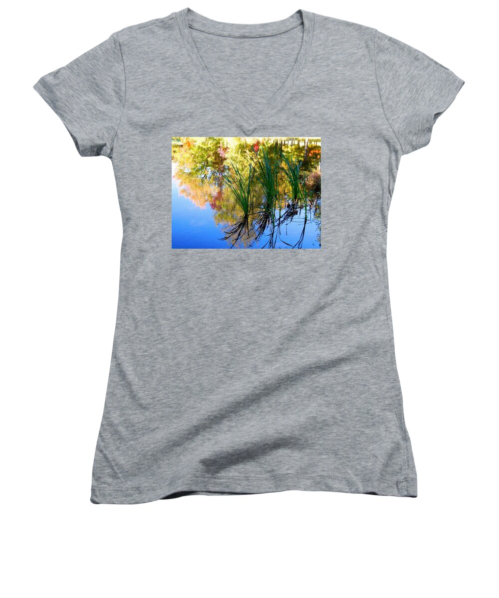 Autumn Landscape Of Lake Women's V-Neck featuring the painting Early autumn color 1 by Jeelan Clark