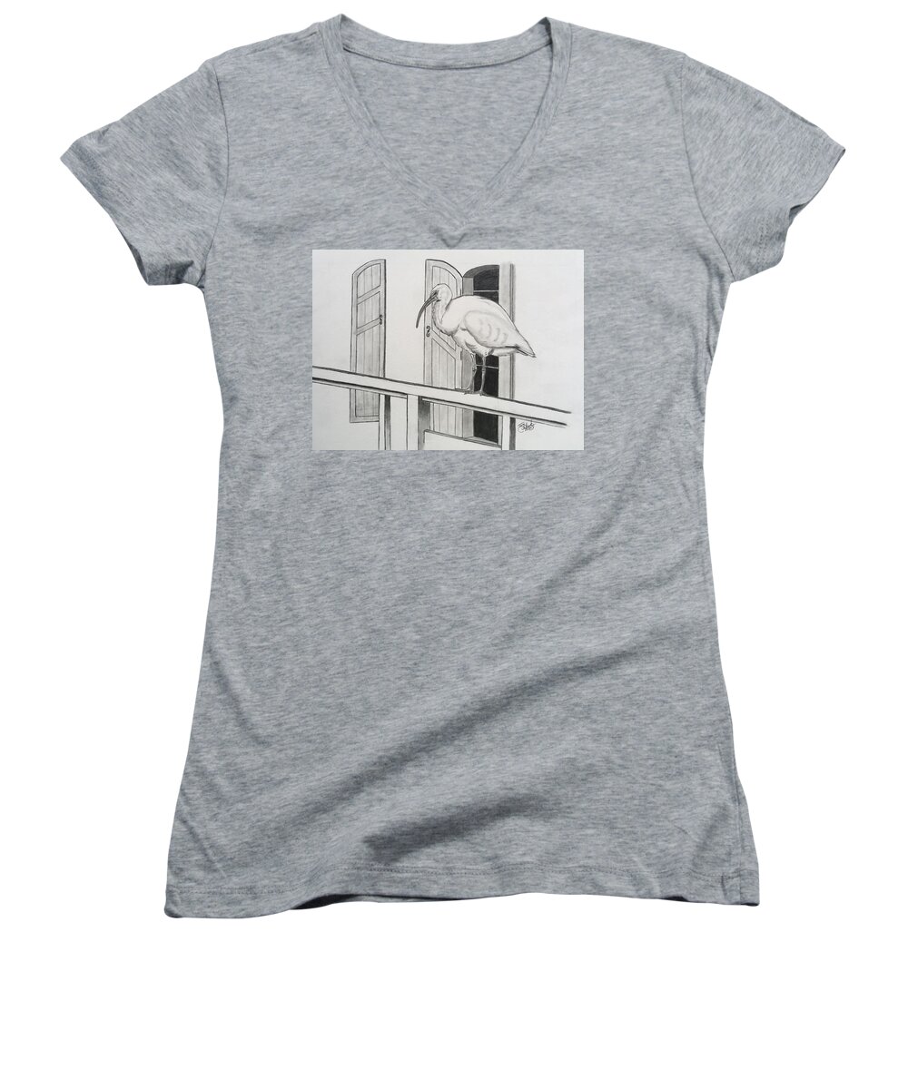 Crane Women's V-Neck featuring the drawing Early Bird by Tony Clark