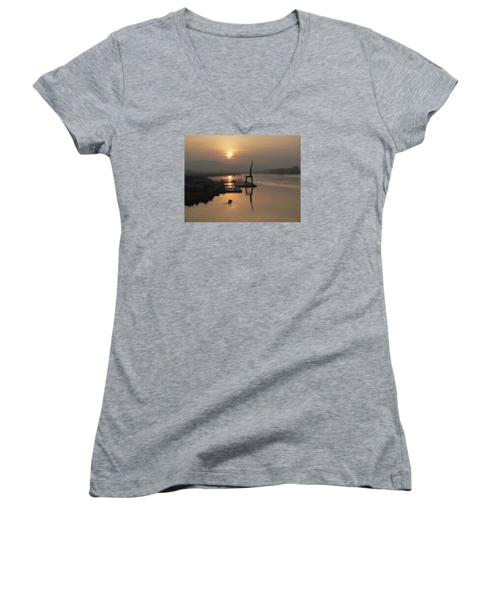Travel Women's V-Neck featuring the photograph Early Hour on the River by Lucinda Walter