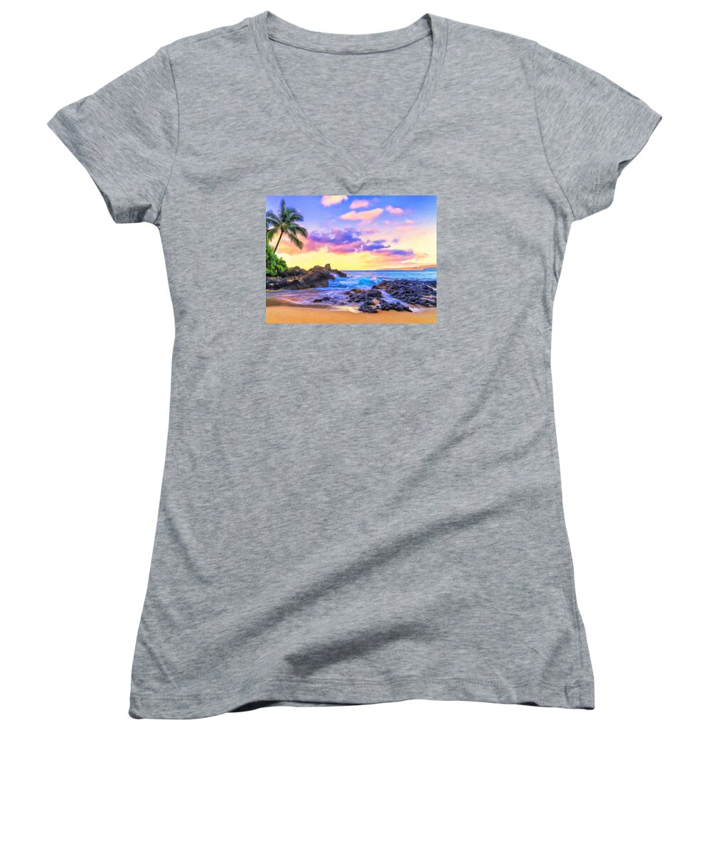 Secret Cove Women's V-Neck featuring the painting Early Morning at Secret Cove Maui by Dominic Piperata