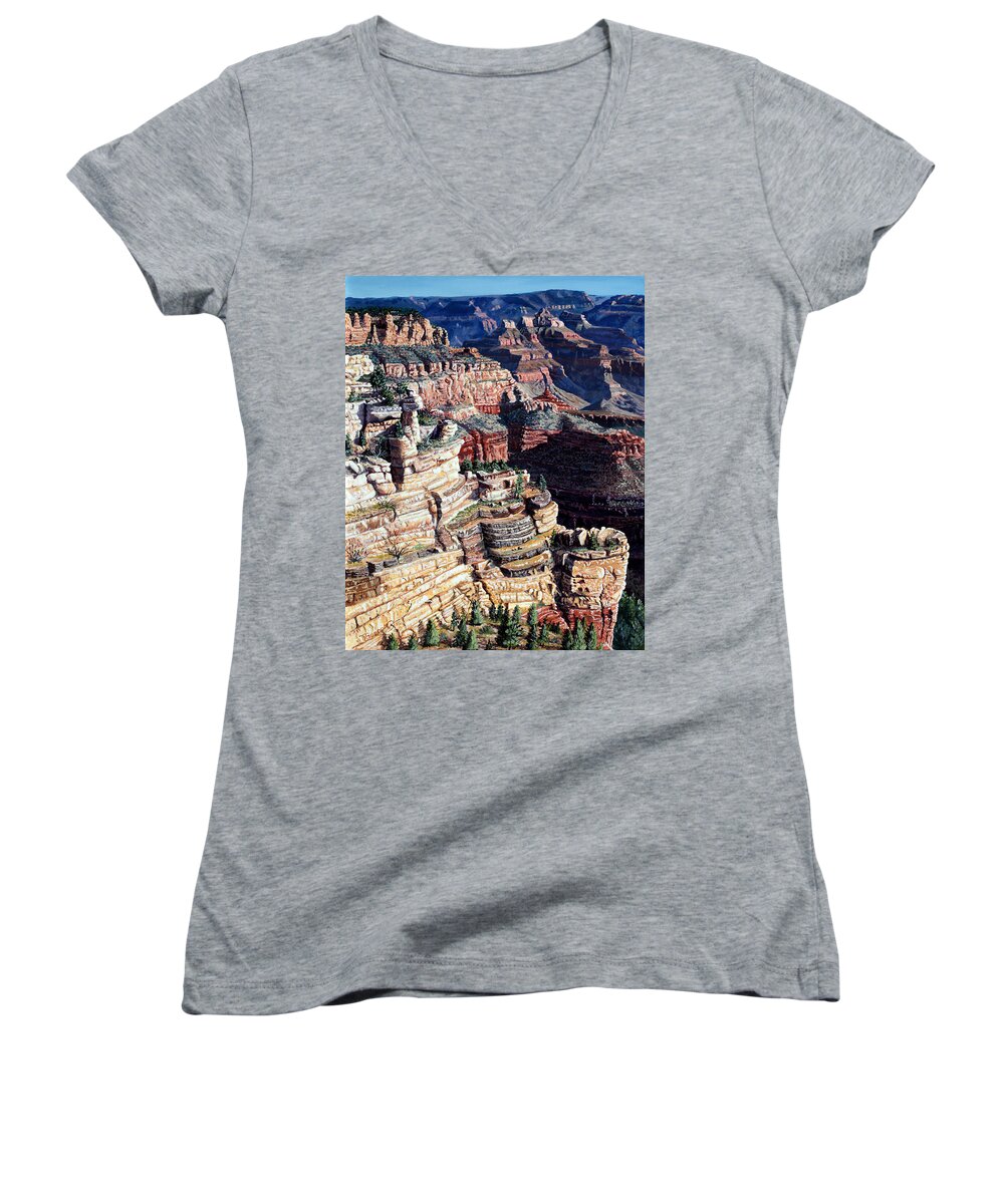 Tl Women's V-Neck featuring the painting Early Morning from the South Rim by Timithy L Gordon