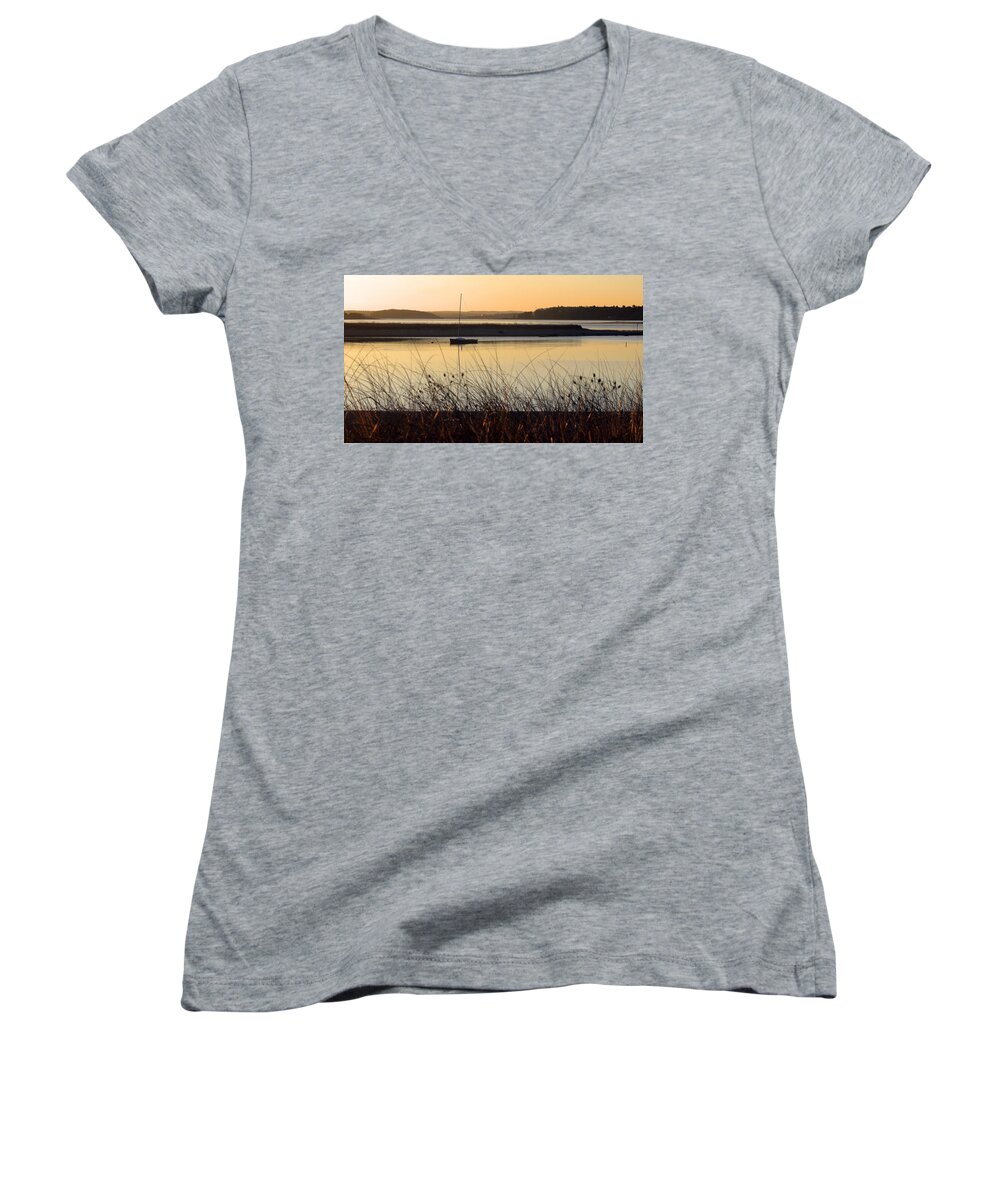 Sunrise Women's V-Neck featuring the photograph Early morning haze by Bruce Gannon