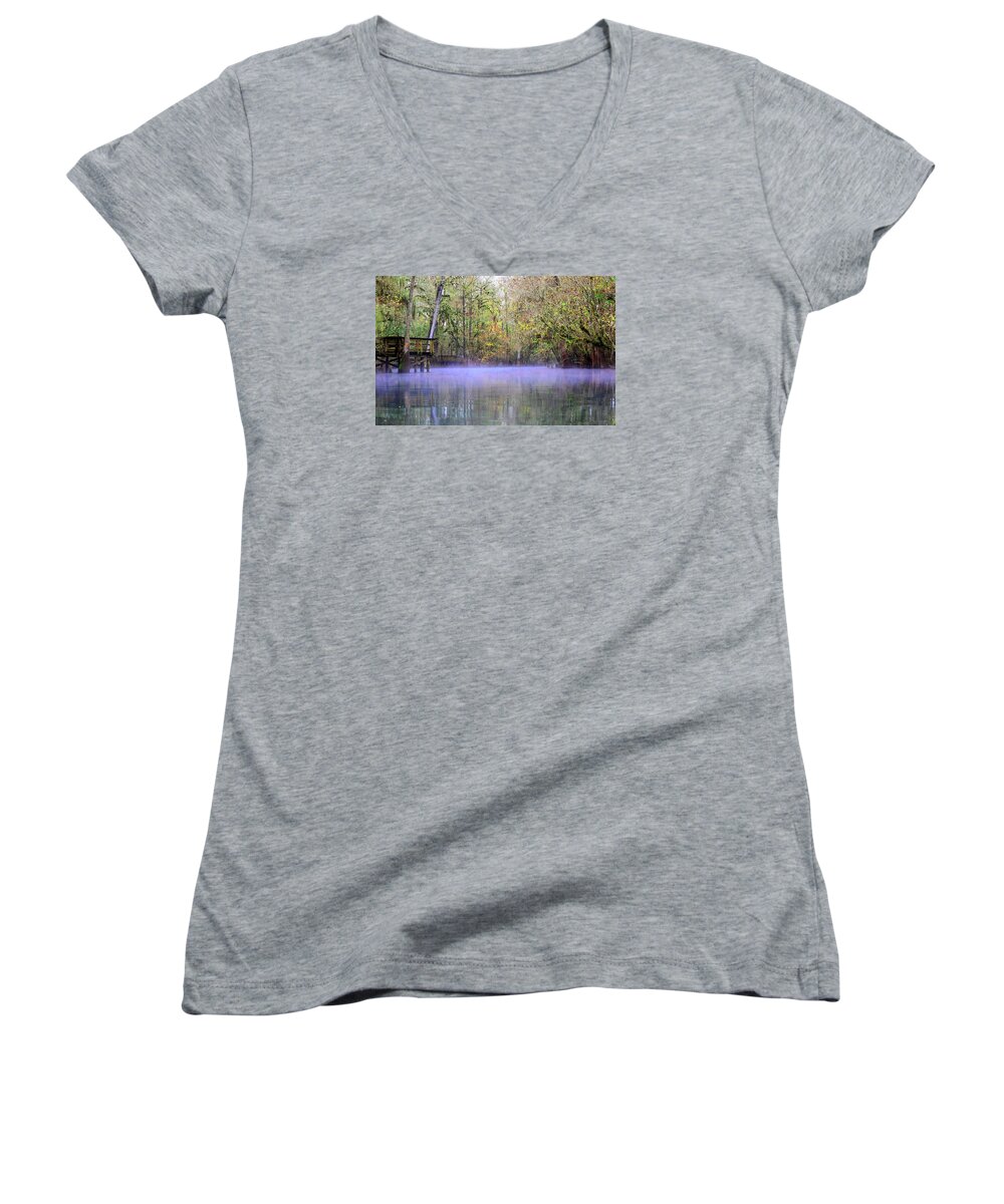 Fog Women's V-Neck featuring the photograph Early Morning Springs by Sheri McLeroy