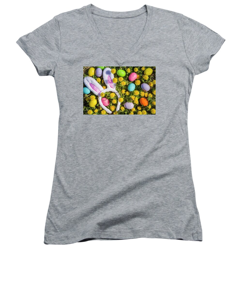 Easter Bunny Women's V-Neck featuring the photograph Easter Bunny Ears by Teri Virbickis