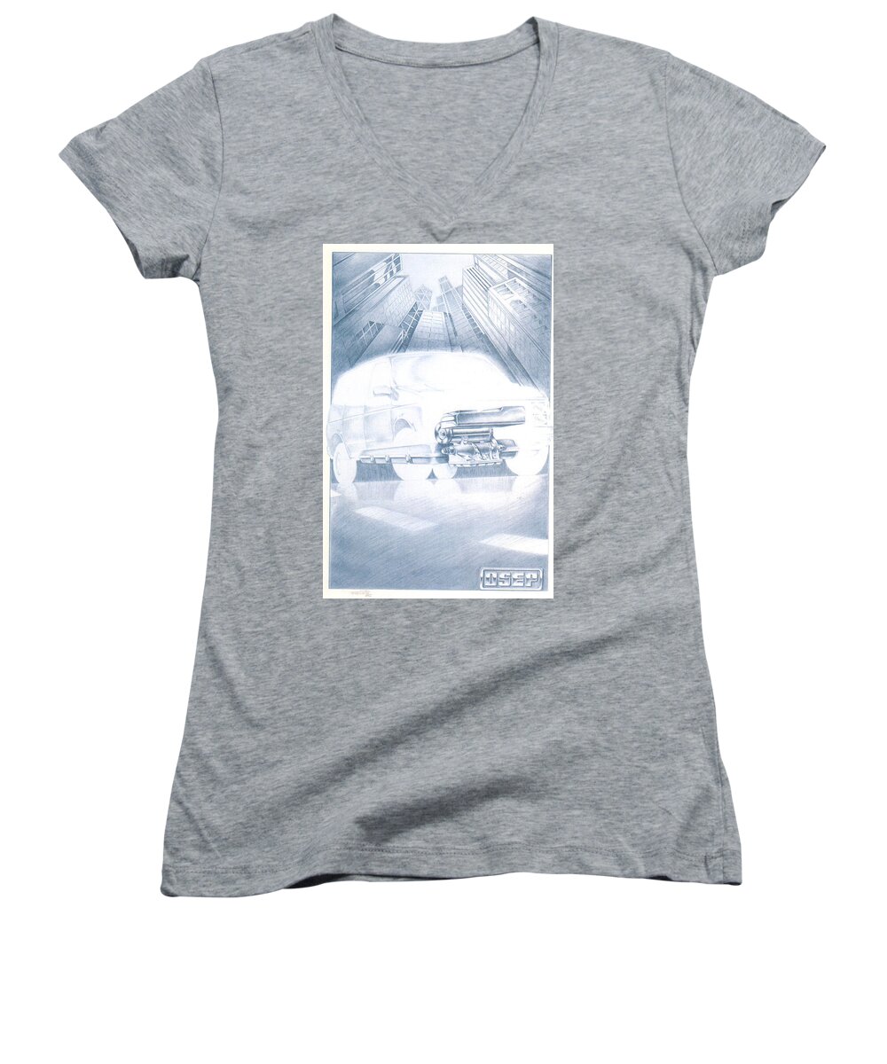 Concept Women's V-Neck featuring the drawing Eaton Electric Van by Dale Turner