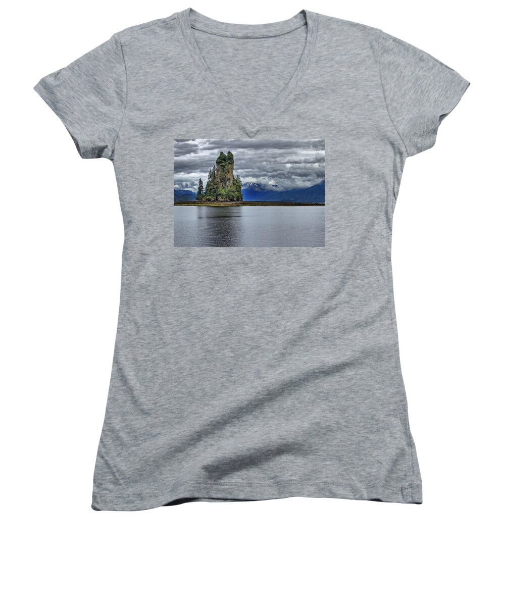 Eddystone Women's V-Neck featuring the photograph Eddystone Rock in Misty Fjords National Monument by Farol Tomson