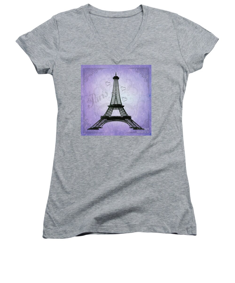Eiffel Tower Women's V-Neck featuring the photograph Eiffel Tower collage purple by Jim And Emily Bush