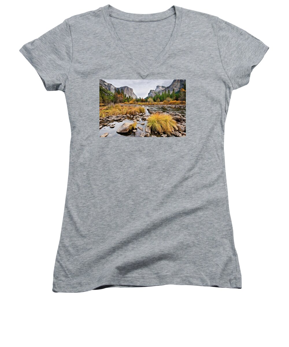 Autumn Women's V-Neck featuring the photograph El Capitan and the Merced River in the Fall by Jeff Goulden