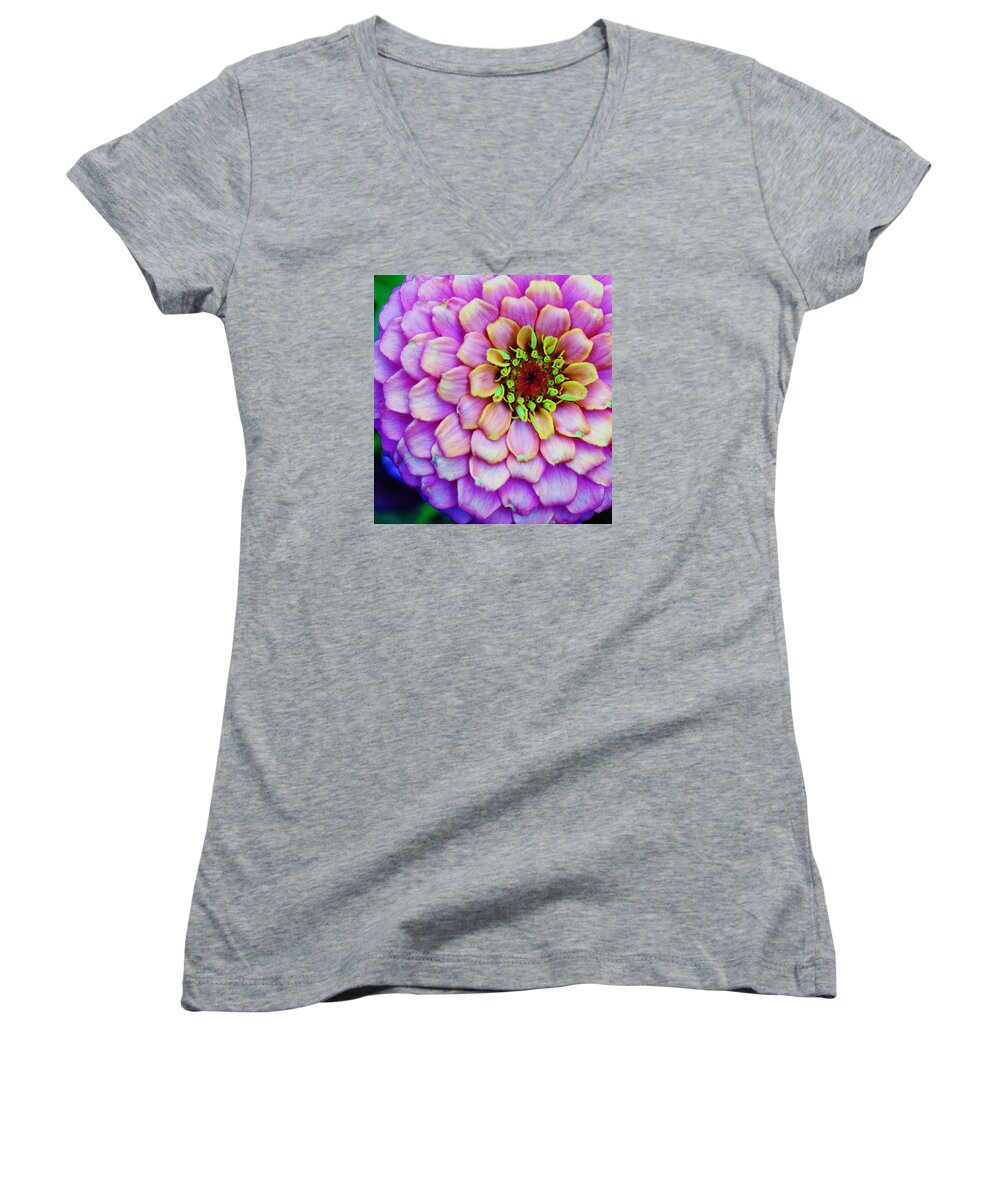 Flora Women's V-Neck featuring the photograph Electrifying Zinna by Bruce Bley