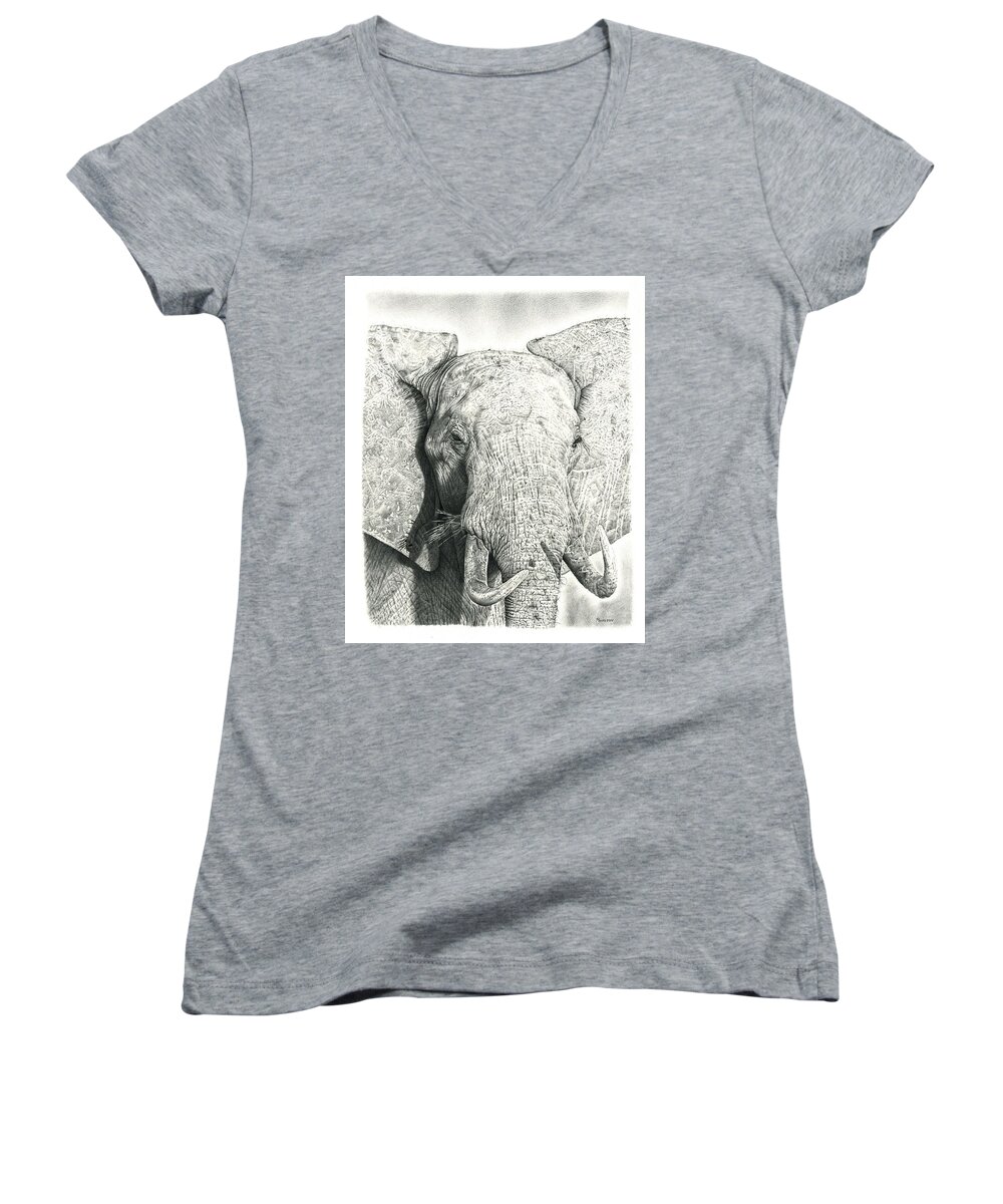 Elephant Women's V-Neck featuring the drawing Elephant by Casey 'Remrov' Vormer
