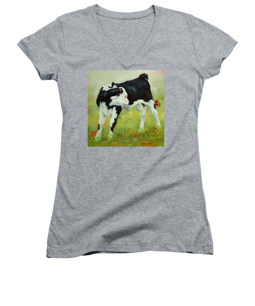 Calf Women's V-Neck featuring the painting Elly The Calf And Friend by Margaret Stockdale