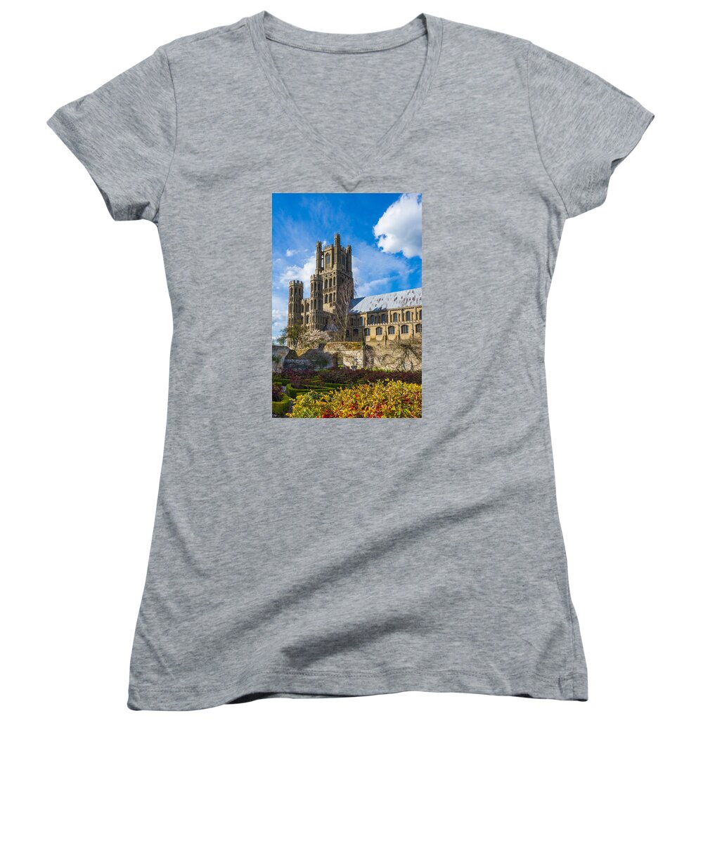 Cathedral Women's V-Neck featuring the photograph Ely Cathedral and Garden by James Billings