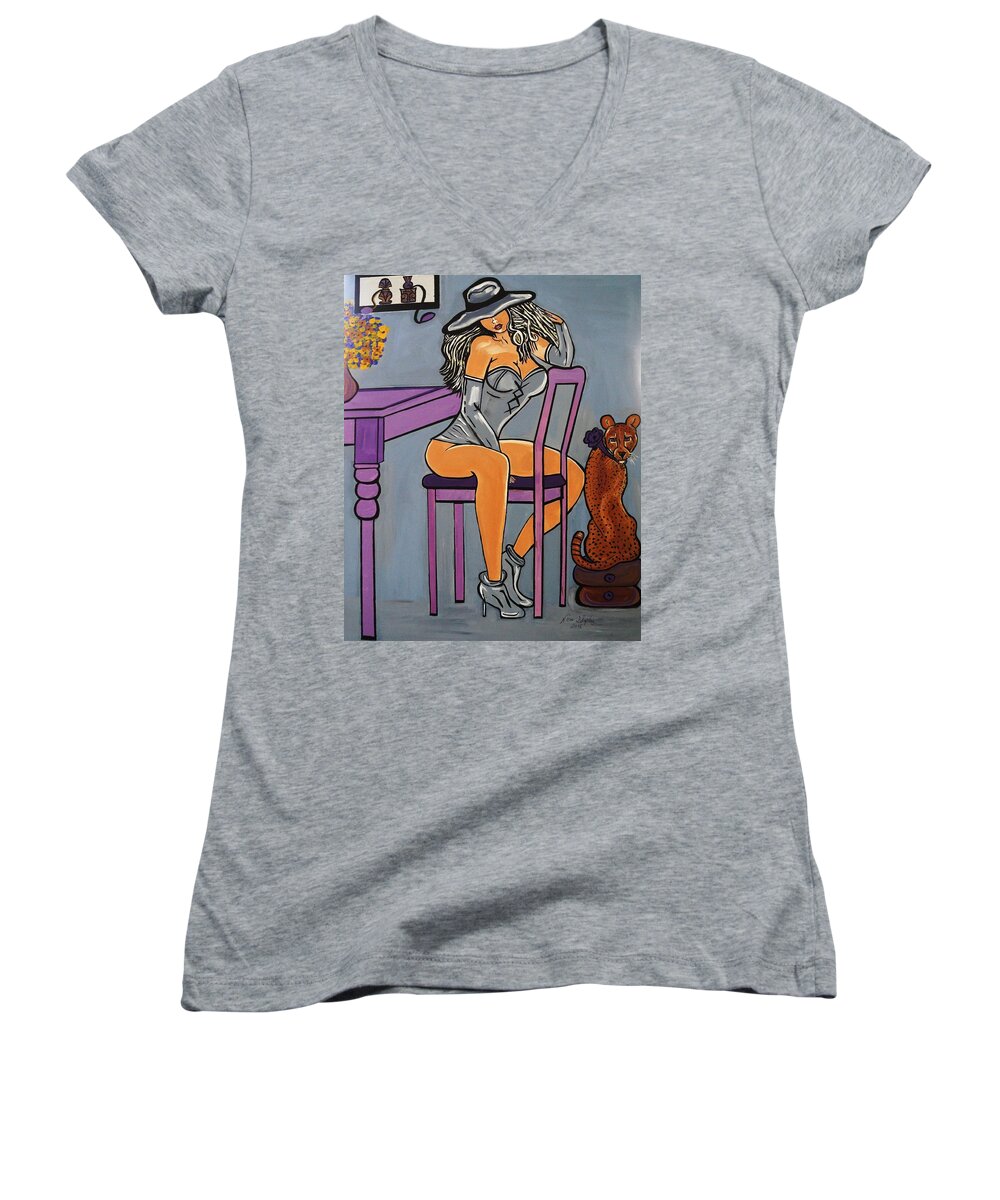 Art Deco  Emma And Me Women's V-Neck featuring the painting Emma And Me by Nora Shepley