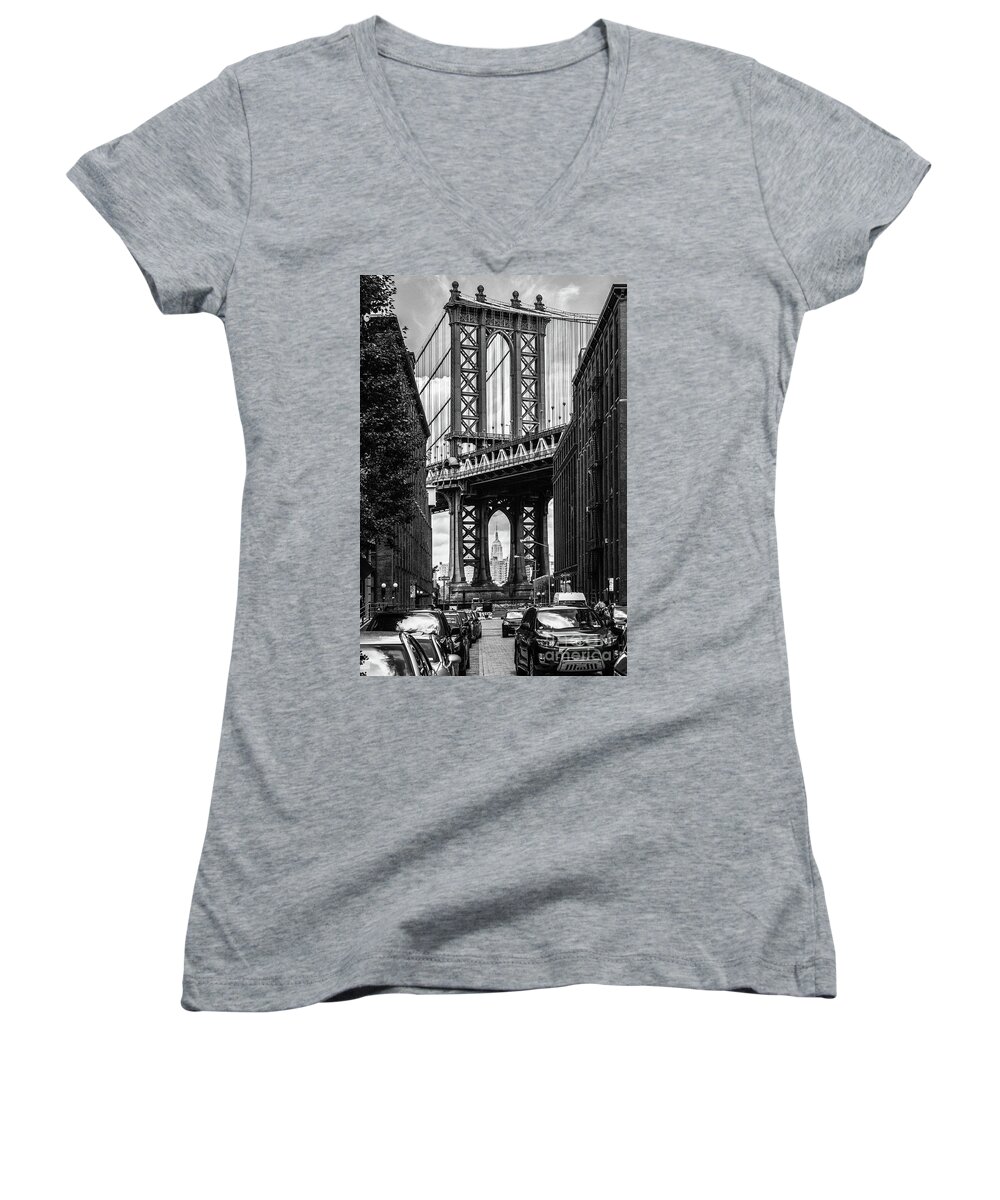 America Women's V-Neck featuring the photograph Empire State Building Framed by Manhattan Bridge by Peter Dang