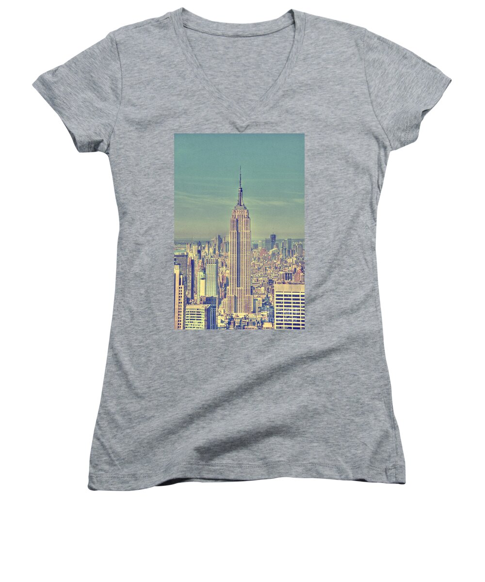 City; View; Empire State Building; Place; Architecture; Big Apple; Building; City; Skyline; Horizon; New York City; New York; America; United States; Tower; Usa; Tall; Hudson; River; Sky; Manhattan; Landmark Women's V-Neck featuring the photograph Empire State by Margie Hurwich