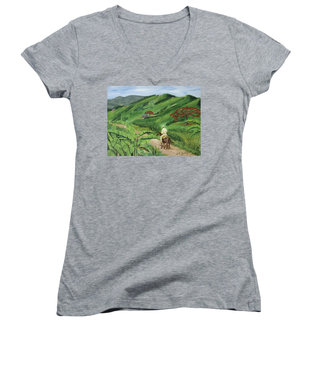 Man On Horseback Women's V-Neck featuring the painting En El Campo A Caballo by Luis F Rodriguez