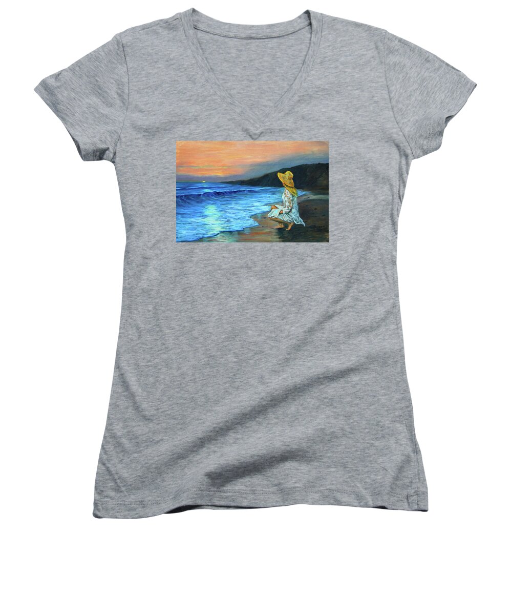 Sunset Girl Beach Romantic Women's V-Neck featuring the painting End of Day by Murry Whiteman