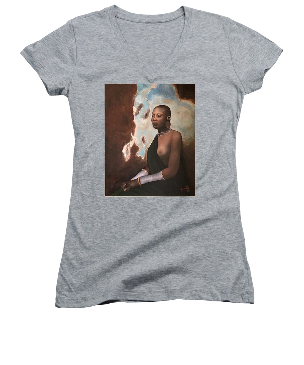  Women's V-Neck featuring the painting Ethiopian Beauty by Renata Bosnjak