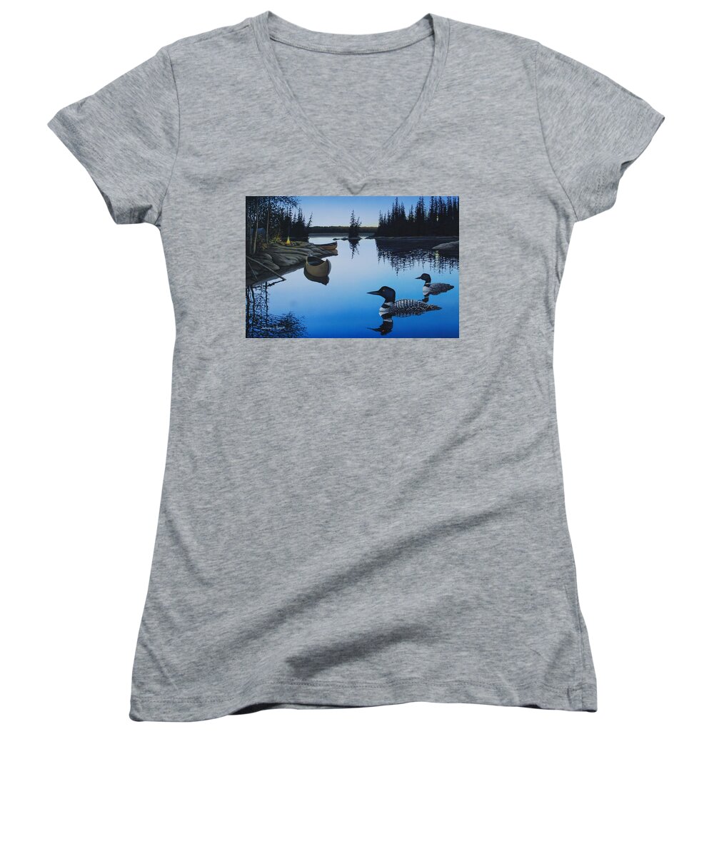 Loons Women's V-Neck featuring the painting Evening Loons by Anthony J Padgett