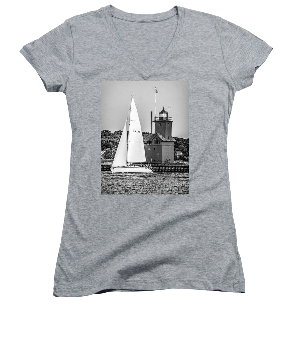 Holland Women's V-Neck featuring the photograph Evening Sail At Holland Light - BW by Nick Zelinsky Jr