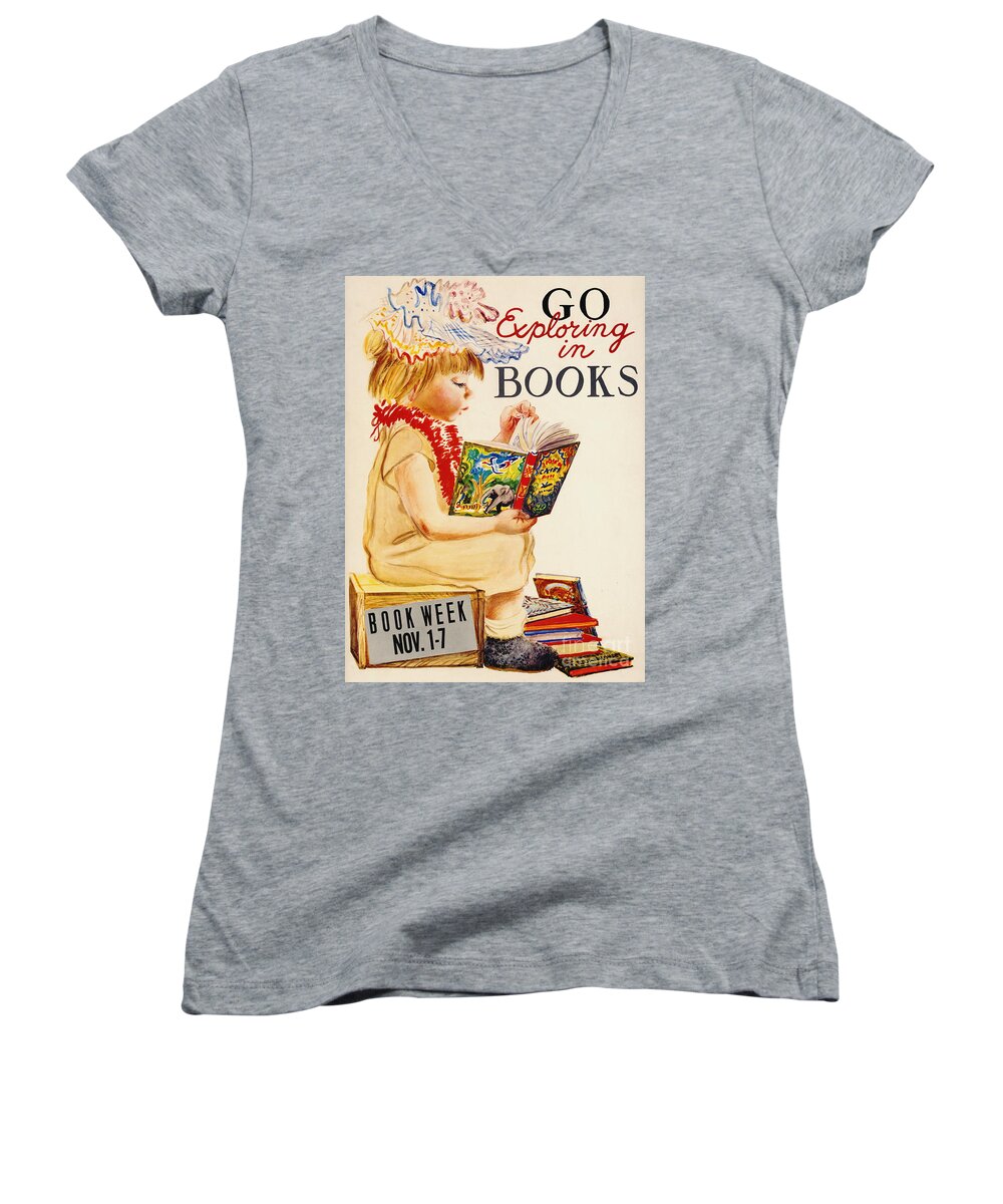 Exploring Books 1961 Women's V-Neck featuring the photograph Exploring Books 1961 by Padre Art