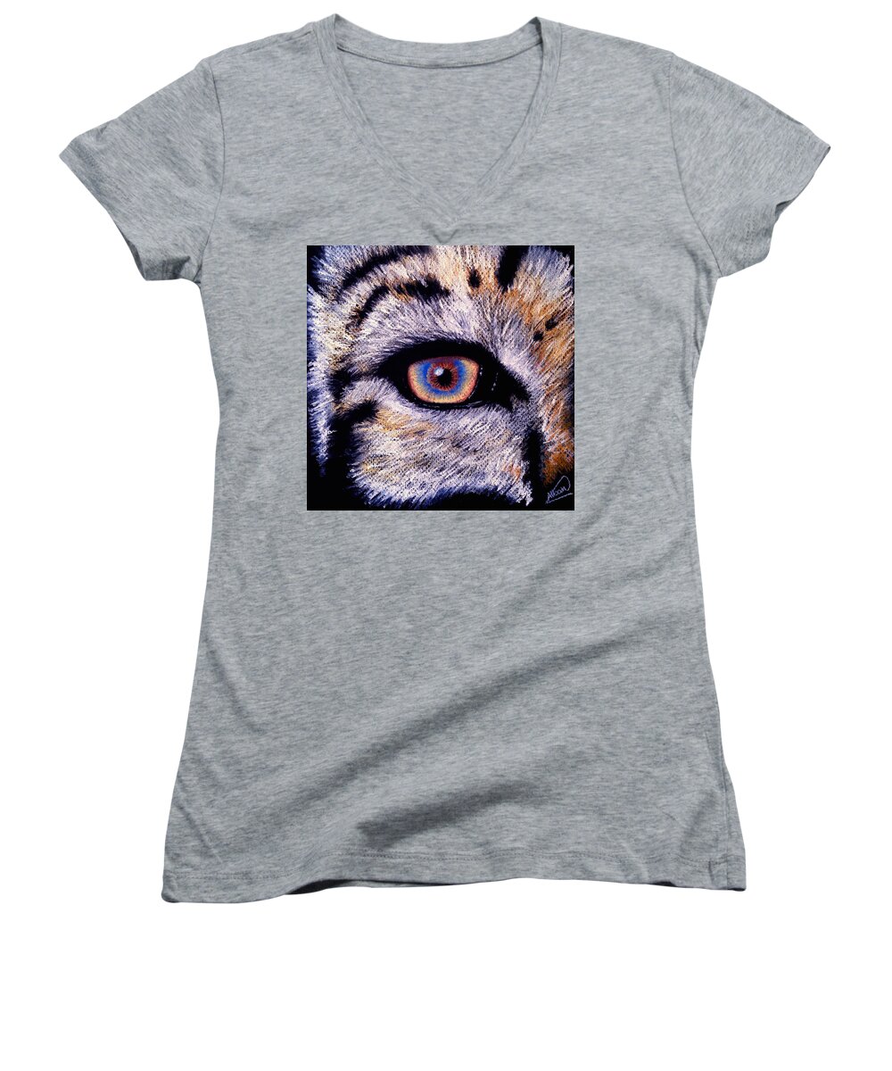 Tiger Women's V-Neck featuring the drawing Eye of a Tiger by Alban Dizdari