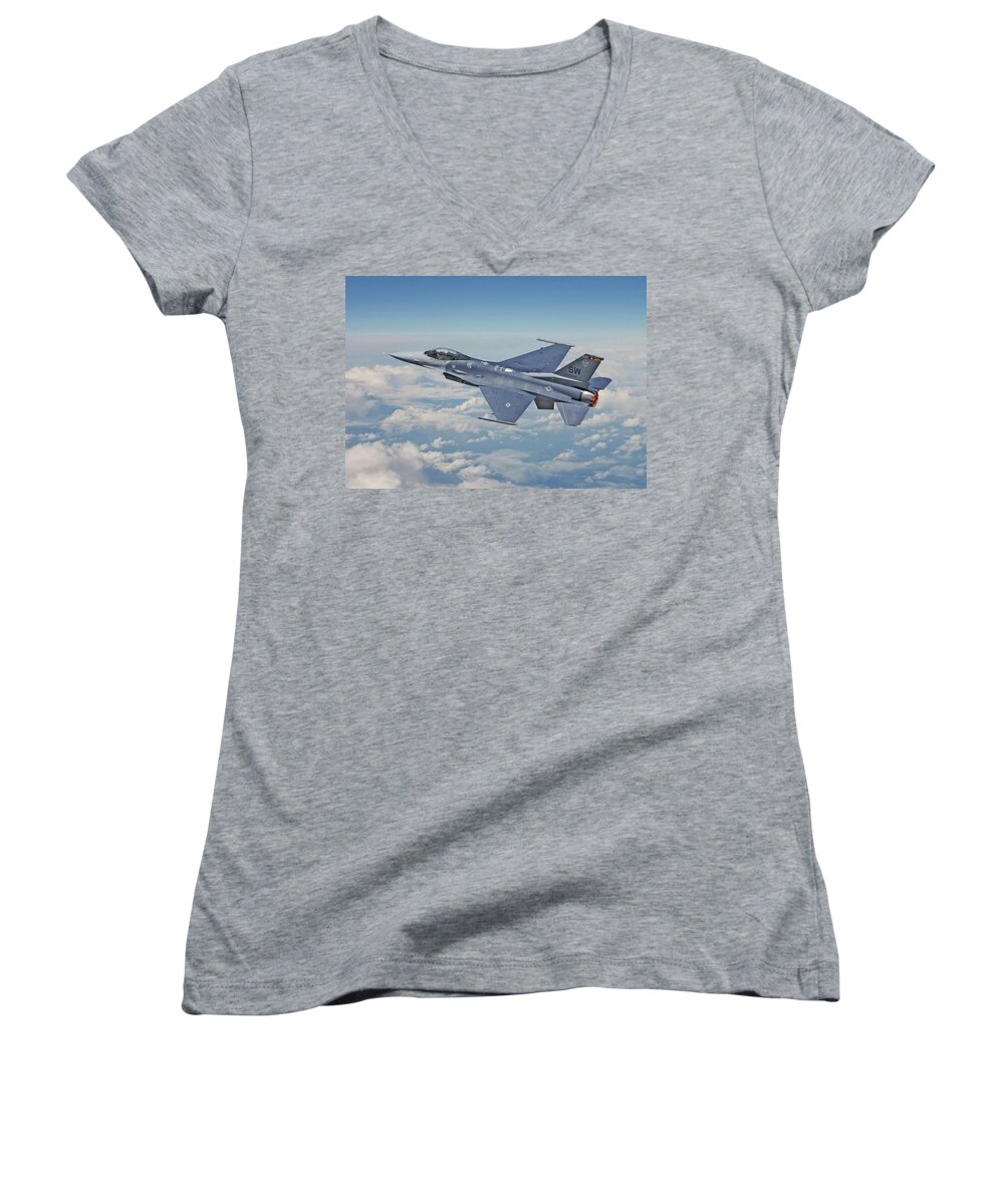 Aircraft Women's V-Neck featuring the digital art F16 - Fighting Falcon by Pat Speirs